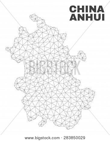 Abstract Anhui Province Map Isolated On A White Background. Triangular Mesh Model In Black Color Of 