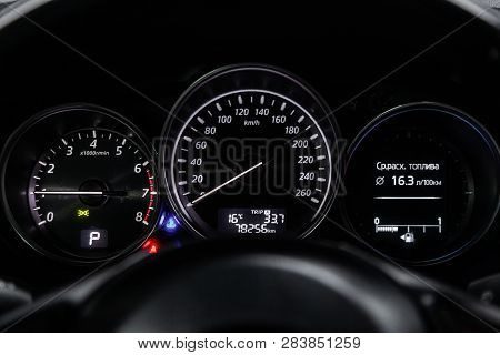 Novosibirsk, Russia - February 10, 2019:  Mazda Cx-5, Close-up Of The Dashboard, Speedometer And Tac