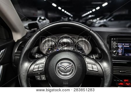 Novosibirsk, Russia - February 10, 2019:  Mazda Cx-5, Close-up Of The Dashboard, Speedometer, Tachom