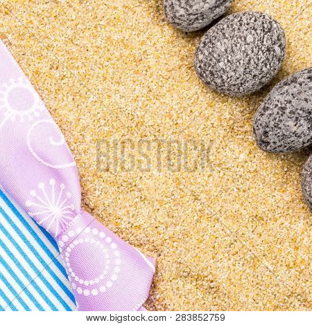 Birthday Gift Card With Violet Bow And Ribbon In The Middle And Background Made Of Stone With Plenty