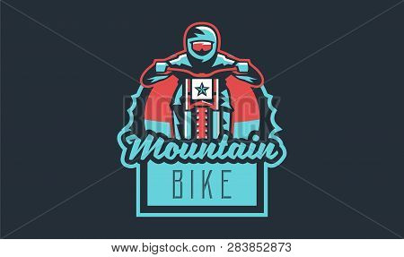 Emblem Of A Cyclist On A Mountain Bike. Sport Bike Logo. Sport Bicycle, Racer, Jump, Downhill, Mtb, 