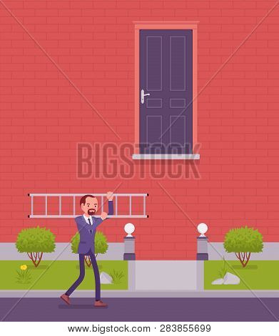 Goal Hard To Reach And Solution. Businessman Got An Answer, Found A Ladder To Open The Door, Able To
