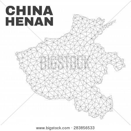 Abstract Henan Province Map Isolated On A White Background. Triangular Mesh Model In Black Color Of 