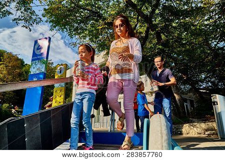 Rhine, Switzerland - September 19, 2018: Tourists Coming In The Boat On The River Rhine Near The Rhi