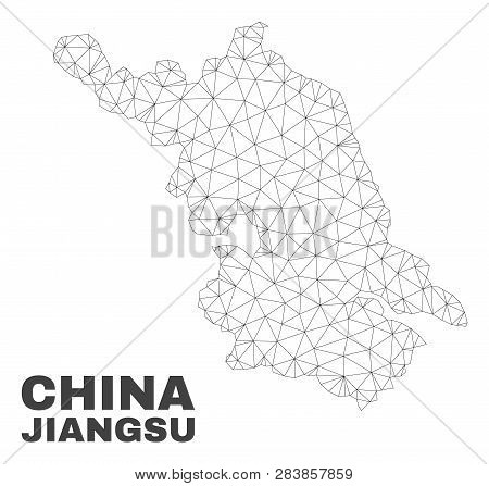 Abstract Jiangsu Province Map Isolated On A White Background. Triangular Mesh Model In Black Color O
