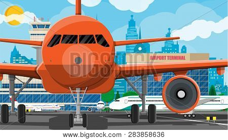 Plane Before Takeoff. Airport Control Tower, Jetway, Terminal Building And Parking Area. Cityscape. 