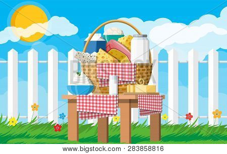 Dairy Products Set In Basket. Collection Of Milk Food. Milk, Cheese, Butter, Sour Cream, Cottage, Cr