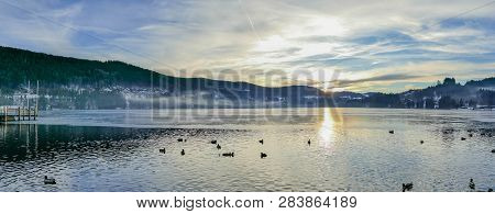 Panorama Sunset At Titisee Black Forest Germany With Ducks