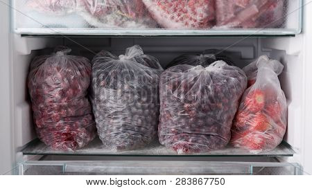 Frozen Berries In Transparent Plastic Bags In The Freezer. Open Refrigerator Filled With Frozen Berr