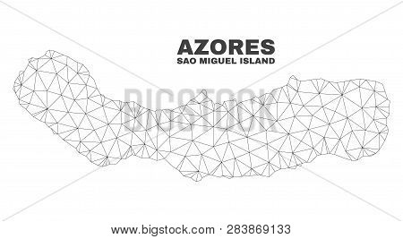 Abstract Sao Miguel Island Map Isolated On A White Background. Triangular Mesh Model In Black Color 