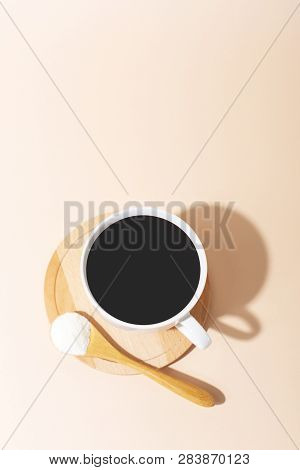 Collagen Powder And Morning Coffee. Beauty Suppliment Concept.