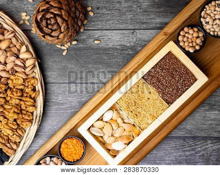 Legumes Bean Seed Nuts, Food Sources Of Fiber, Concept Image For Healthy Or Vegetarian Cooking