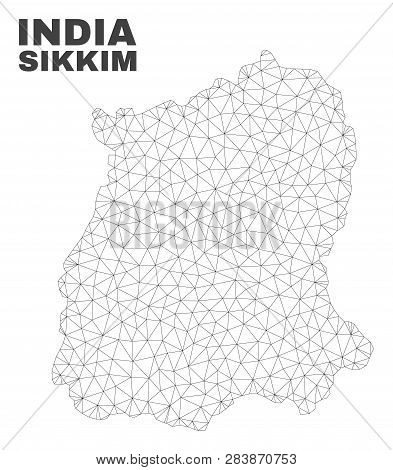 Abstract Sikkim State Map Isolated On A White Background. Triangular Mesh Model In Black Color Of Si
