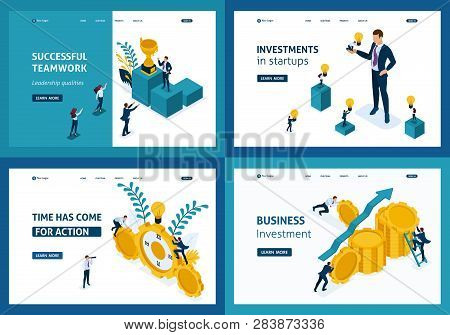 Set Template Landing Page, Isometric Concept Successful Teamwork, Investment In Startups, Business, 