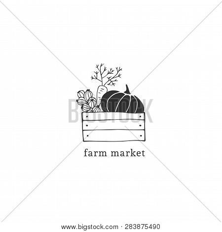 Vector Object, A Box With Vegetables. Hand Drawn Minimal Logo Template. Isolated Symbol For Grocery 