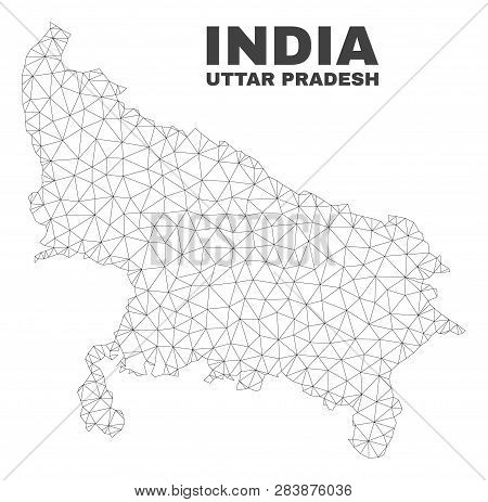Abstract Uttar Pradesh State Map Isolated On A White Background. Triangular Mesh Model In Black Colo
