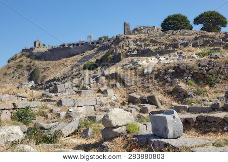 BERGAMA, TURKEY - AUGUST 16, 2011: Ancient ruins of Upper Gymnasium in Pergamon. Since 2014, Pergamon and its Multi-Layered Cultural Landscape is listed as UNESCO World Heritage