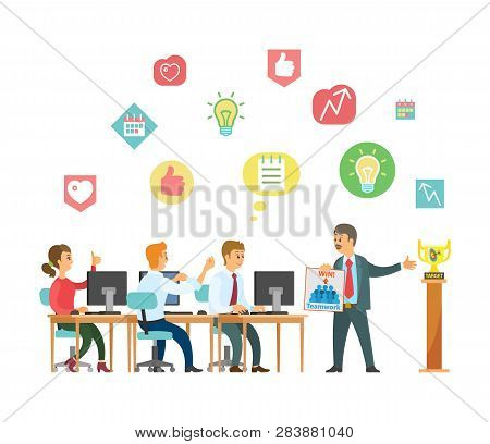 People At Work, Business  Conference Vector. Coworkers Sitting By Table Listening To Boss, Seminar O