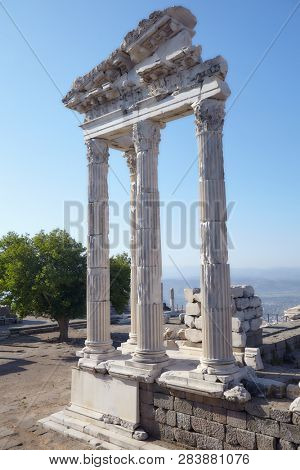 BERGAMA, TURKEY - AUGUST 16, 2011: Reconstructed fragment of the Temple of Trajan in ancient Pergamon. Since 2014, Pergamon and its Multi-Layered Cultural Landscape is listed as UNESCO World Heritage
