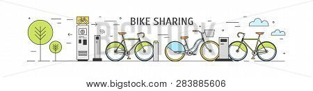 Bike Sharing Station With Rental Bicycles Parked On City Street And Payment Terminals On White Backg