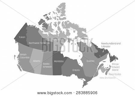 Map Of Canada Divided Into 10 Provinces And 3 Territories. Administrative Regions Of Canada. Grey Ma