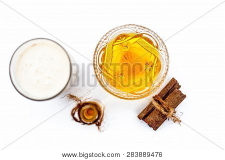 Close Up Of Popular Indian & Asian Winter Drink Isolated On White I.e Honey Milk Or Shahad Ka Dudh I