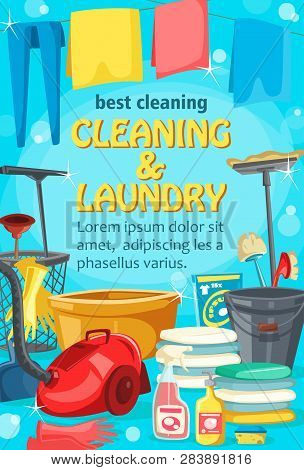 Cleaning Service And Laundry. Vector Washing Clothes And Housekeeping, Jeans And Towel On Line, Basi