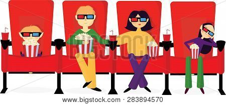 Family Of Four In A Movie Theater Watching A Movie