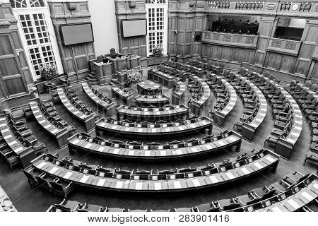 Copenhagen, Denmark - Occtober 05, 2016: Black And White Photograph Of The Interior Of The Danish Pa
