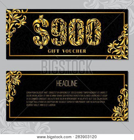 Gift Voucher Template 900 Usd. The Inscription Created From A Floral Ornament. Golden Letters On A B