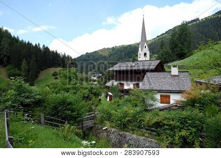 PETSCHIED, ITALY - JULY 14, 2018: Petschied village near Luson, Northern Italy