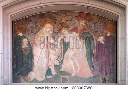 Holy Trinity and saints Felix and Regula, fresco on the Fraumunster church in Zurich, Switzerland