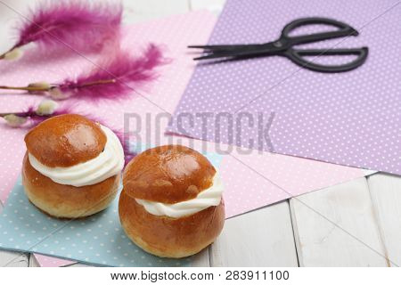 Fastelavnsris and other Fastelavn decorations, scissors and traditional buns