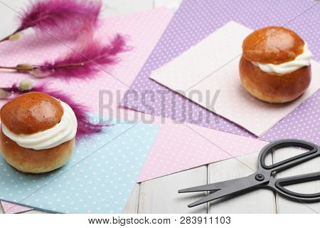 Fastelavnsris and other Fastelavn decorations, scissors and traditional buns