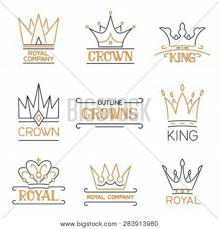 Outline Crowns Logo Set. Luxury Emblem In Trendy Line Style. Stock Vector Illustration For Hotel, Re