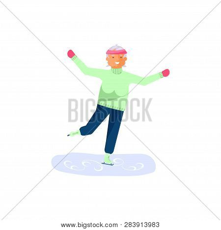 Healthy Winter Active Lifestyle Retired For Grandparents. Elderly Woman Character Skates. Seniora Is
