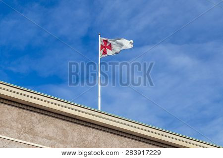 Copenhagen, Denmark - February 12, 2019: Flagpole On The  Freemasons Hall, The Headquarters Of The D