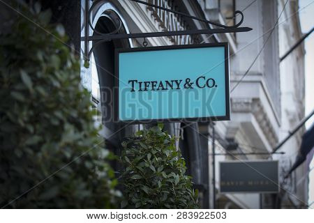 London, Greater London, United Kingdom, 7th February 2018, A Sign And Logo For Tiffany & Co On Bond 