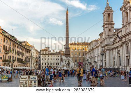 Rome, Italy - June 22, 2017: Sunset View Of Piazza Navona In City Of Rome, Italy