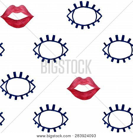 Pattern With Watercolor Eyes And Lips. Seamless Illustration. Abstract Pattern. Open Blue Eyes.