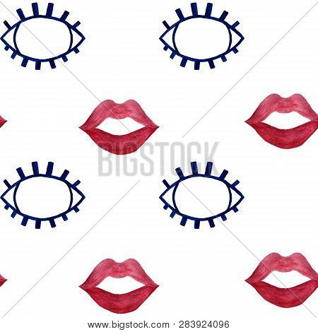 Pattern With Watercolor Eyes And Lips.seamless Illustration. Abstract Pattern. Open Blue Eyes.