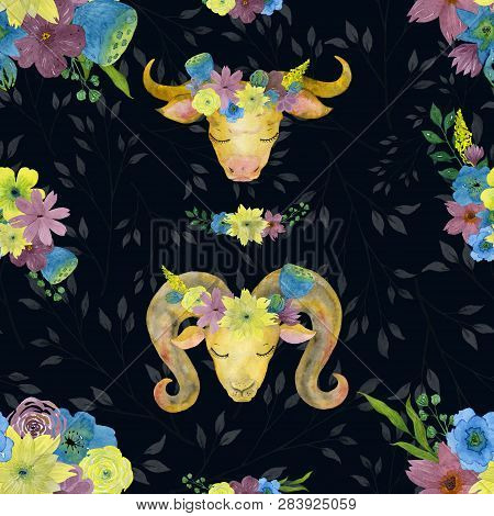 Seamless Watercolor Pattern With A Cow And A Bull In Floral Wreaths On The Background Of Translucent