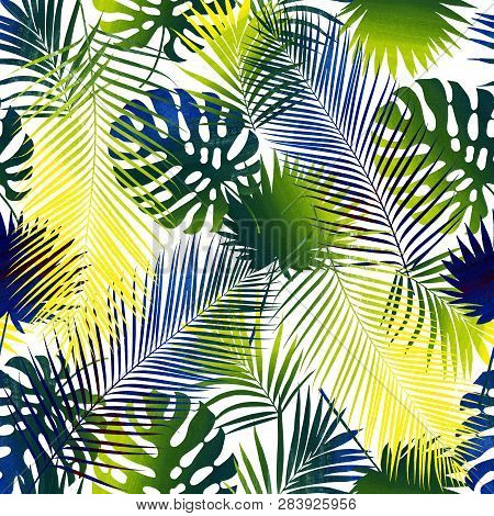 Seamless Illustration Of Tropical Leaves. Made In The Technique Of Collage. Bright Juicy Tropical Le