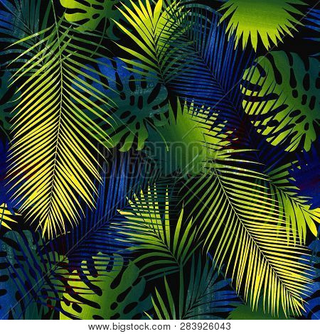 Seamless Illustration Of Tropical Leaves. Made In The Technique Of Collage. Bright Juicy Tropical Le
