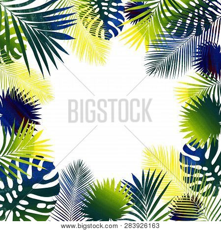 Frame Of Tropical Leaves. Watercolor Illustration In The Technique Of Collage.