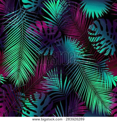 Seamless Illustration Of Tropical Leaves. Made In The Technique Of Collage. Tropical Leaves Of Neon 