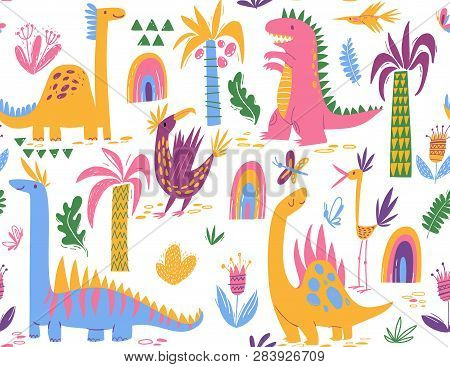 Cool Cute Colorful  Seamless Pattern With Dinosaurs