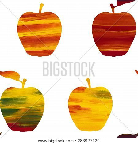 Seamless Watercolor Illustration In Collage Style. Colored Apples.