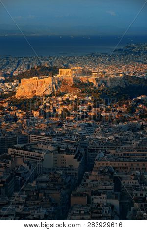 Athens skyline sunrise viewed from Mt Lykavitos with Acropolis, Greece.