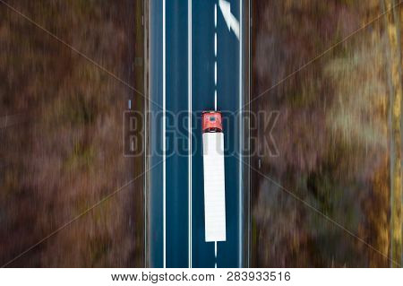 Aerial Drone View On Tir Truck On Asphalt Road
